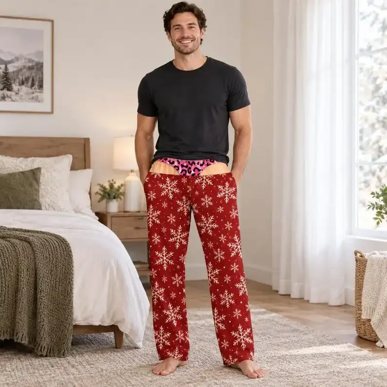 Men Funny Christmas Pajama Pants Ho Ho Candy Cane Snowflake Print Fake Thong Cutout Wide Leg Trousers Xmas Holiday Party Prank