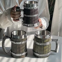 2023 boccale di birra in stile legno vichingo 3D resina tazza da caffè in acciaio inossidabile bicchiere da vino tazza a doppia parete in metallo boccale di birra tazza termica