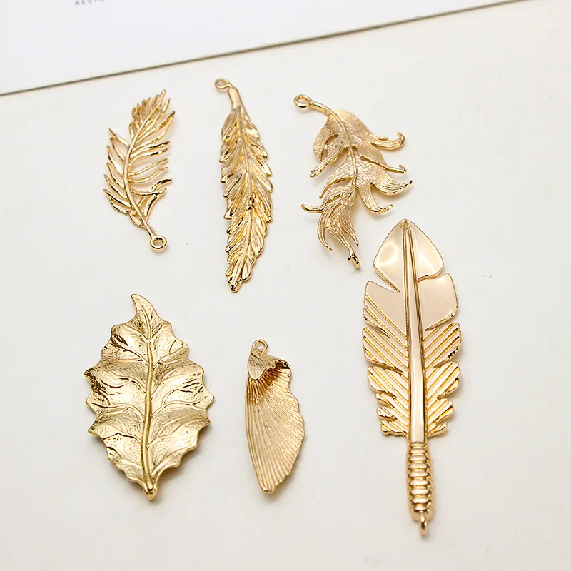 6pcs Diy Jewelry Accessories Copper Gold Color Leaf Feather Leaf Ornament Pendant Earrings Handmade Charms Jewelry Materials