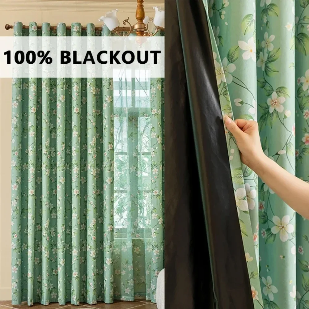 Pastoral Floral Print Blackout Curtains for Bedroom Living Dining Room Insulated Noise Reducing Privacy Drapes Custom Size