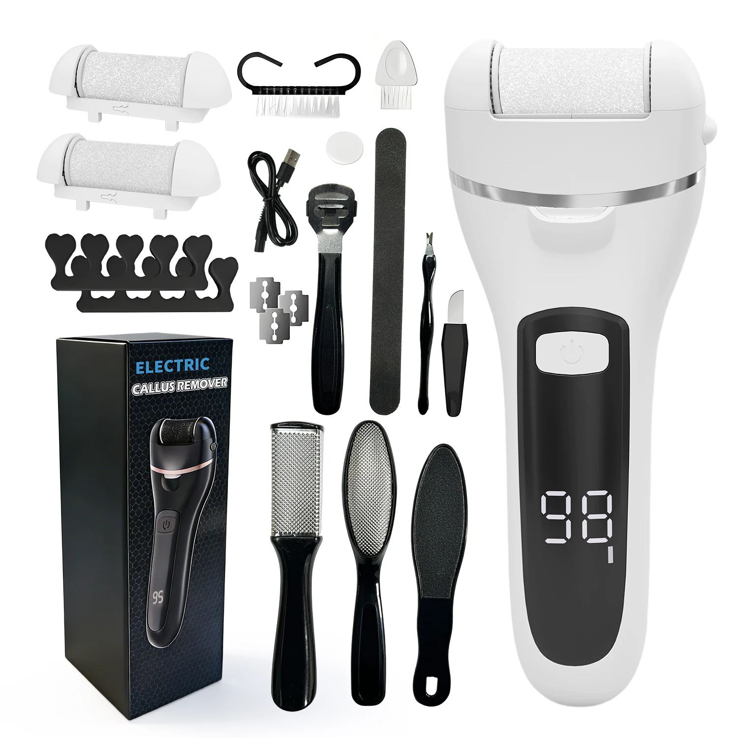 Rechargeable Electric Callus Remover Professional Pedicure Machine Foot File Grinder with 3 Heads for Dead Skin Removal