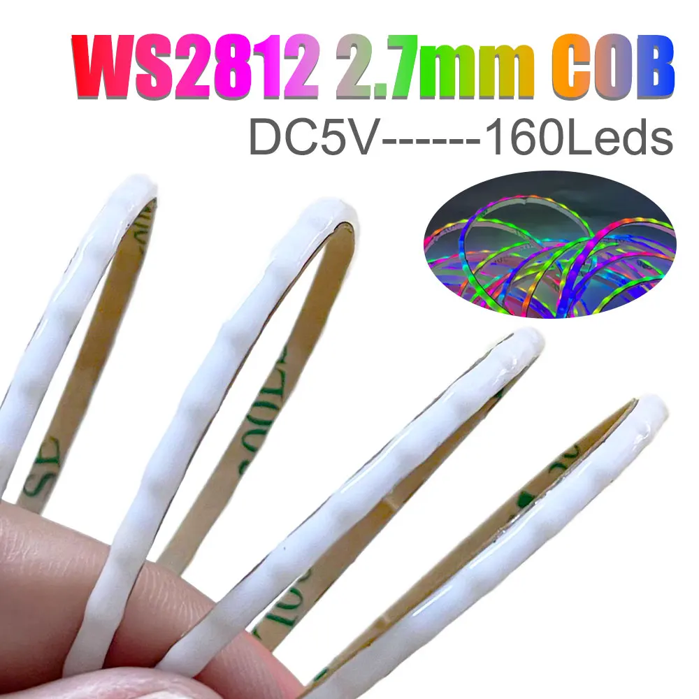 DC5V 2.7mm Ultra Narrow WS2812B COB LED Strip 160Led/m High Density Individually Addressable Flexible RGBIC Colorful Pixel Light