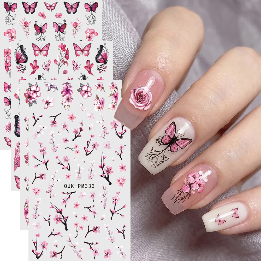 4 Stück Blumen- und Blätter-Aufkleber im Freshstyle, 3D-Nagelkunst-Sticker, Kirschblüten, Pfirsichblüten, Lila Orchideen, Florale Nageldekorationen