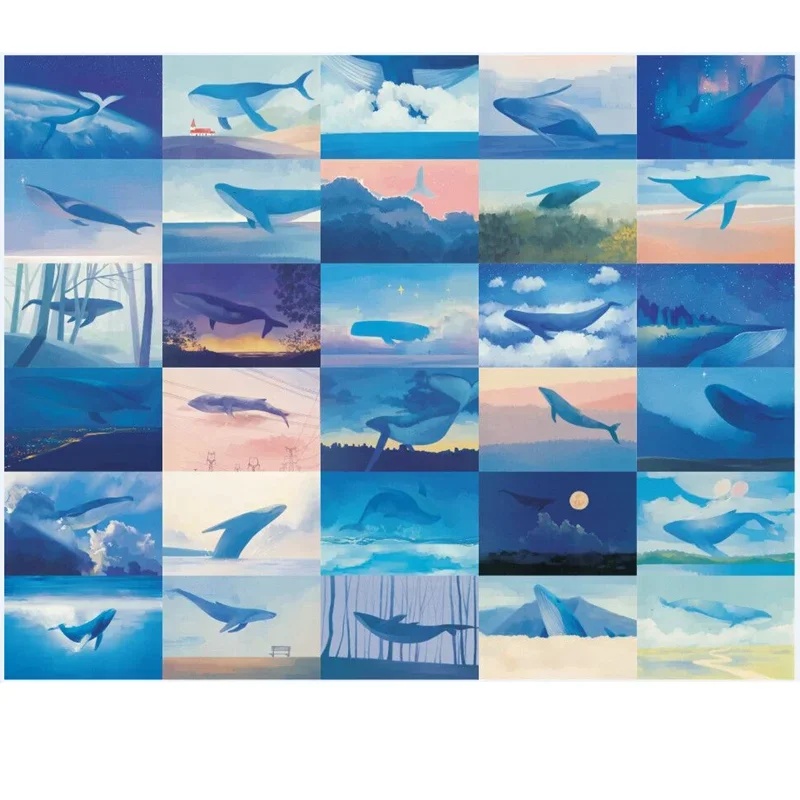 30 Pcs Blue Whale Theme Postcard Stationery Greeting Card Set Gift Blessing Card Scrapbooking Background Card Journal Decoration