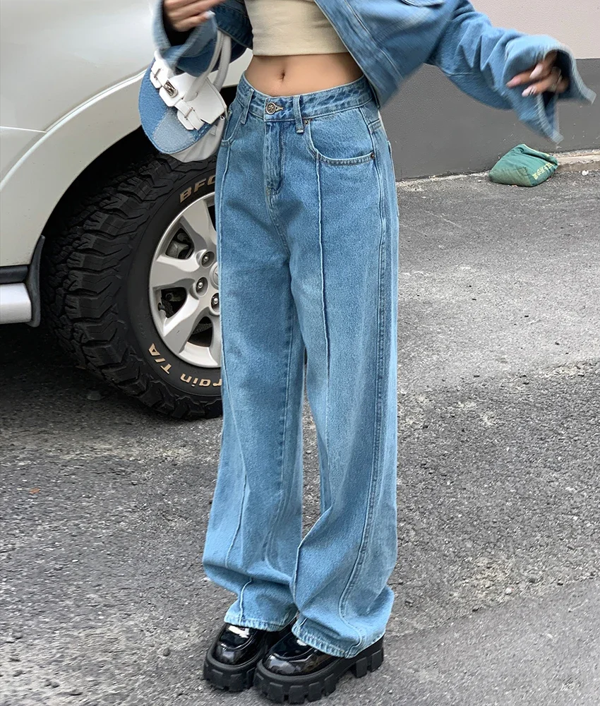

Pleated Jeans Y2K Style Spring Design Women High Visibility Straight Leg Loose Wide Leg Pants