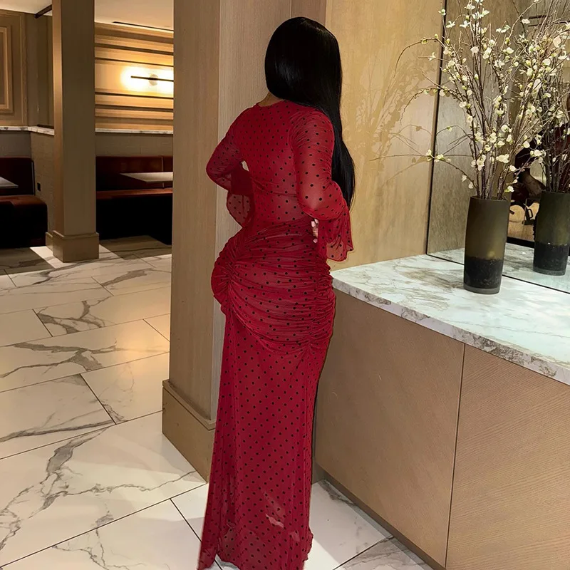 Robe élégante imprimée à pois pour femmes, manches évasées, col rond, moulante, maille transparente, drapée, Maxi, robes de soirée, automne 2025