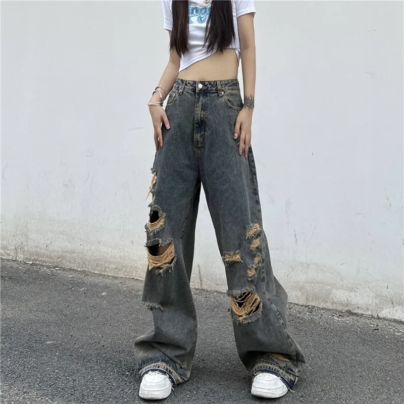 Pantalones vaqueros rasgados para mujer, jeans de cintura alta lavados, estilo retro, hip hop, informal, Harajuku, y2k