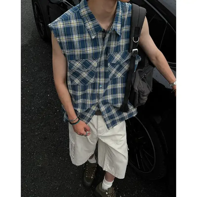 Mens Sleeveless Plaid Shirt Casual Street Style Summer Wear With Frayed Edges And Button Front Design
