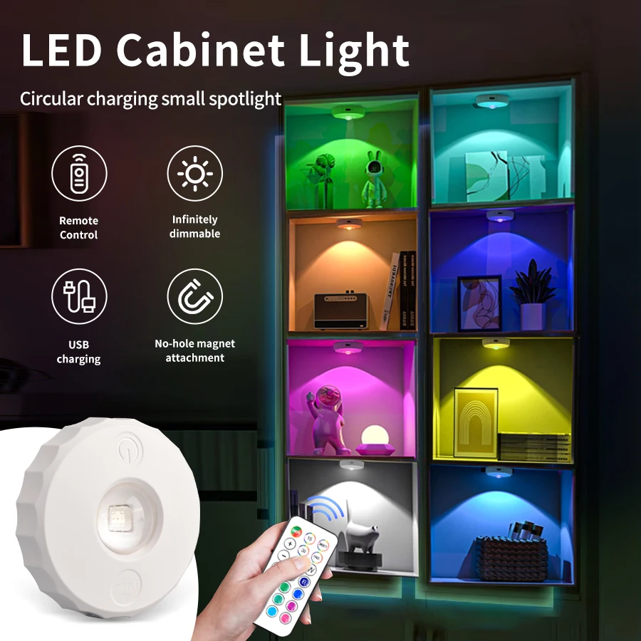 USB Rechargeable RGB LED Night Light With Remote Control Under Cabinet Lights Dimmable Spotlights For Kitchen Wardrobe Closet