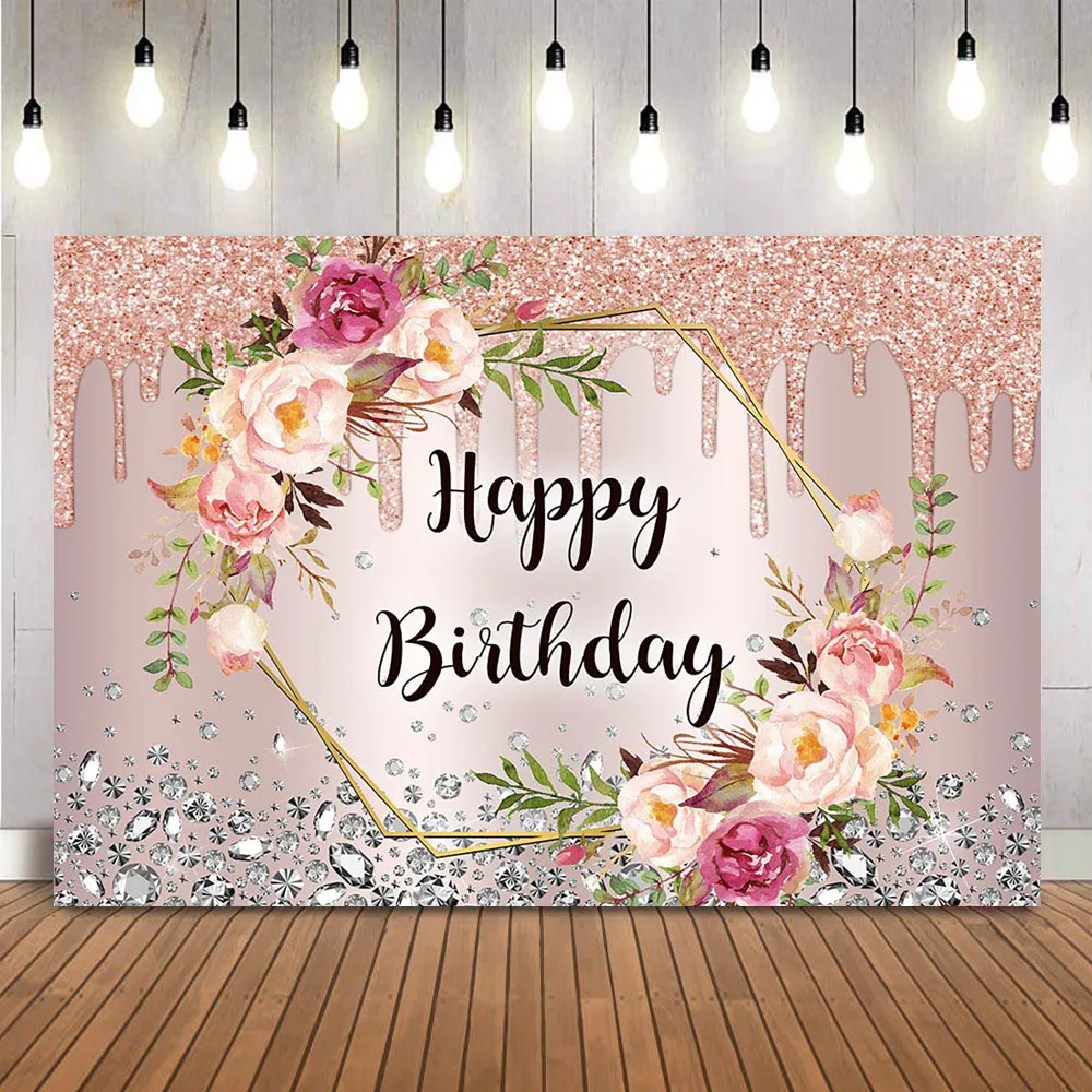 Happy Birthday Backdrop Pink Rose Glitter Birthday Party Decoration Sliver Shining Diamonds Sweet Girls Photocall Backgrounds