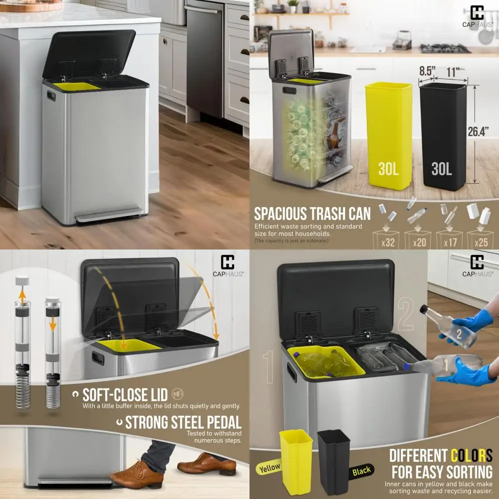 

Hands-Free Stainless Steel Dual Trash Can with Lid for Kitchen, Recycling Bin Combo, Garbage Can with 2 Compartments