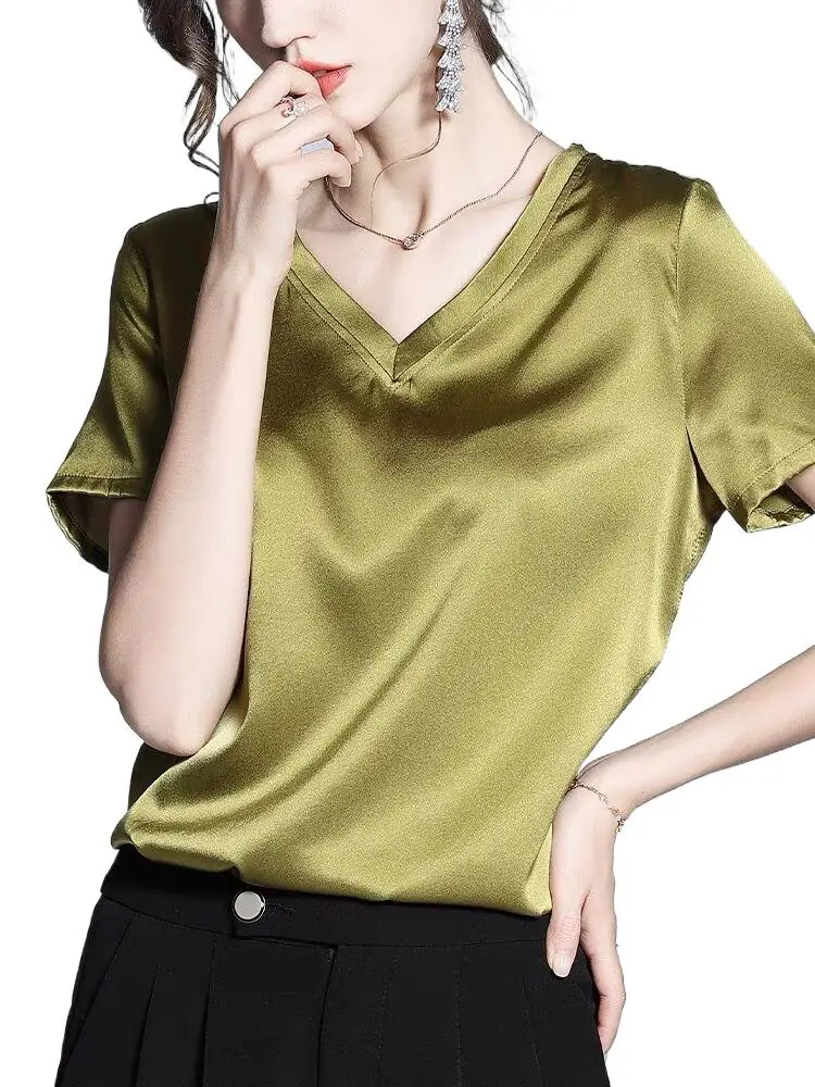 Summer Korean Fashion ice Silk T shirts Women Vintage Acetate Satin Tops short sleeve loose casual Office Lady blouse