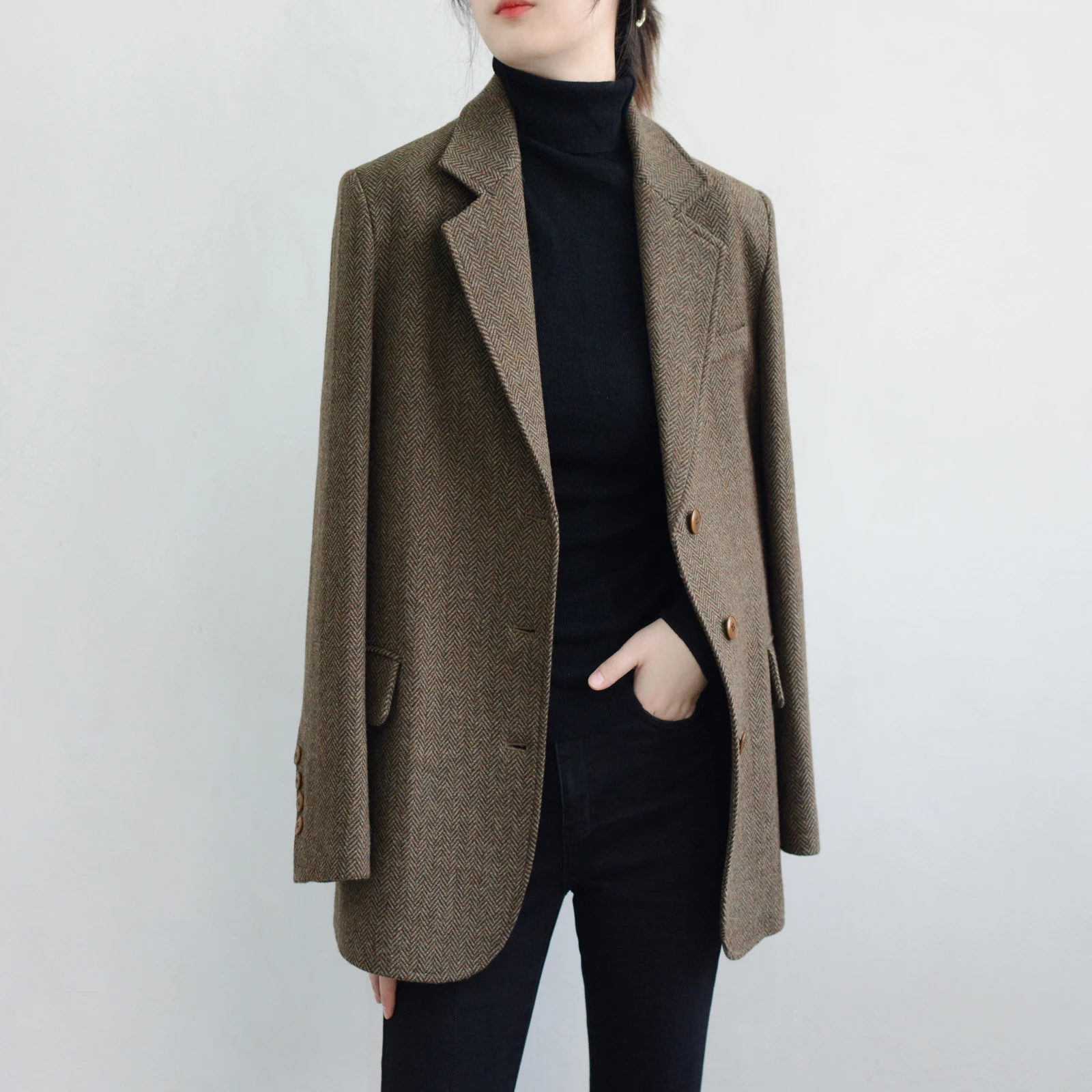 

TRR Thi Woolen Suit Jaet Practical Autumn Winter Straight Cut Large Size Outerwear Warm Woolen Plaid OL Sle Commute