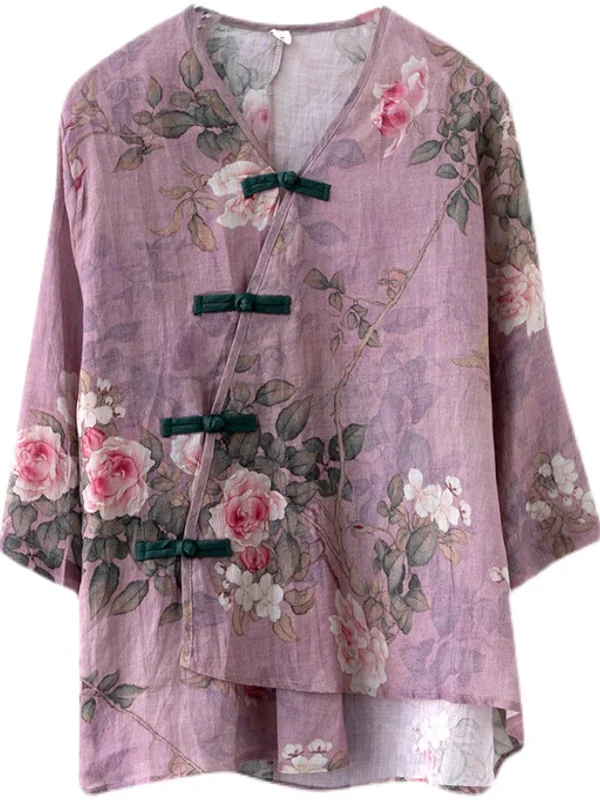 

Retro Artistic Cotton Linen irt Women's Summer plus Size Printed Slimming Button up Top Asymmetrical V-ne ort Sve