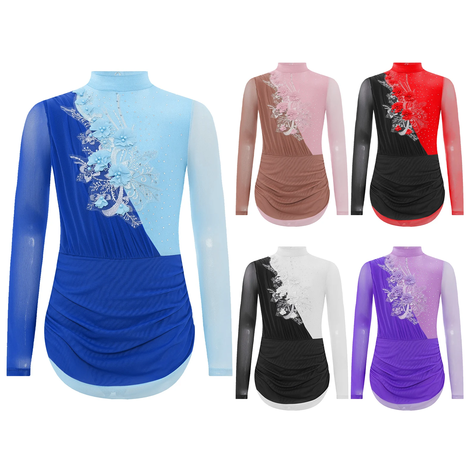 Crianças meninas vestido de patinação artística applique manga longa malha contornado collants traje de dança lírica ballet collant vestido dancewear