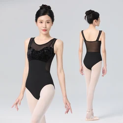 Woman Ballet Leotards Mesh Velvet Splice Tank Dance Leotards Nylon Lace Ballet Bodysuit Adult Gymnastic Leotard Dance Costumes