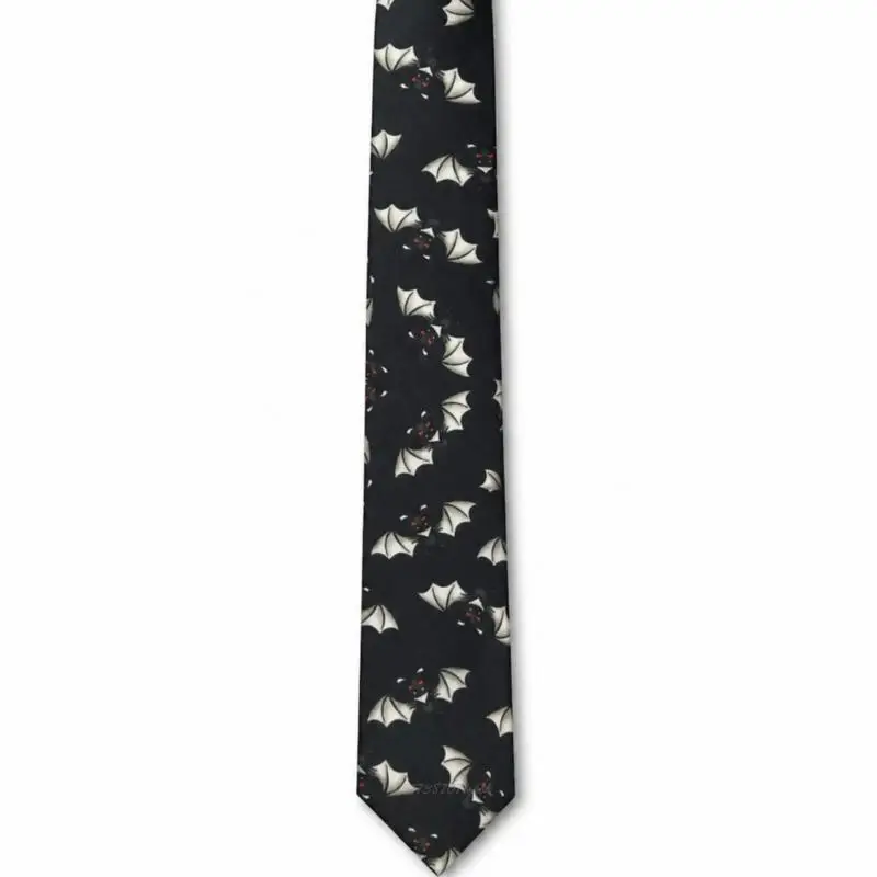 X5XA Black Printed Necktie with Bat Pattern for Office Outfit and