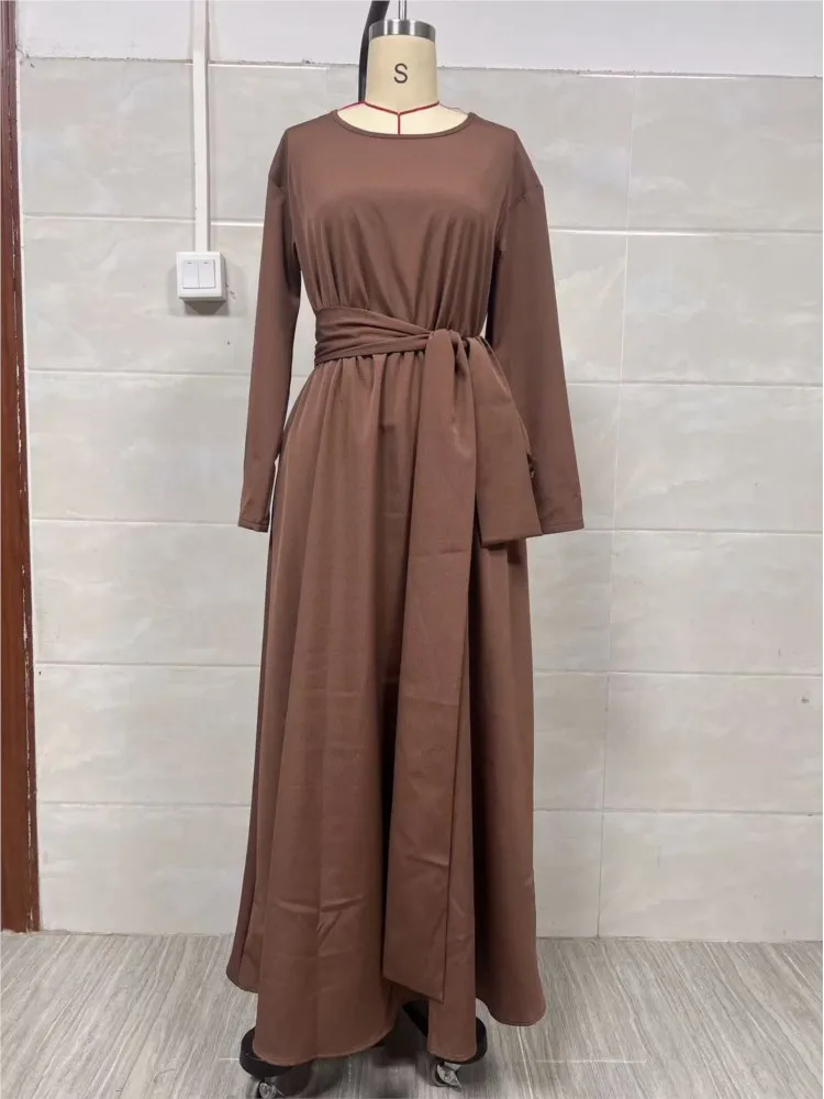 Spring Casual O Neck Belted Maxi Dress Woman Elegant High Waist Ruched A-line Swing Long Dresses Long Sleeve Pocket Boho Vestido