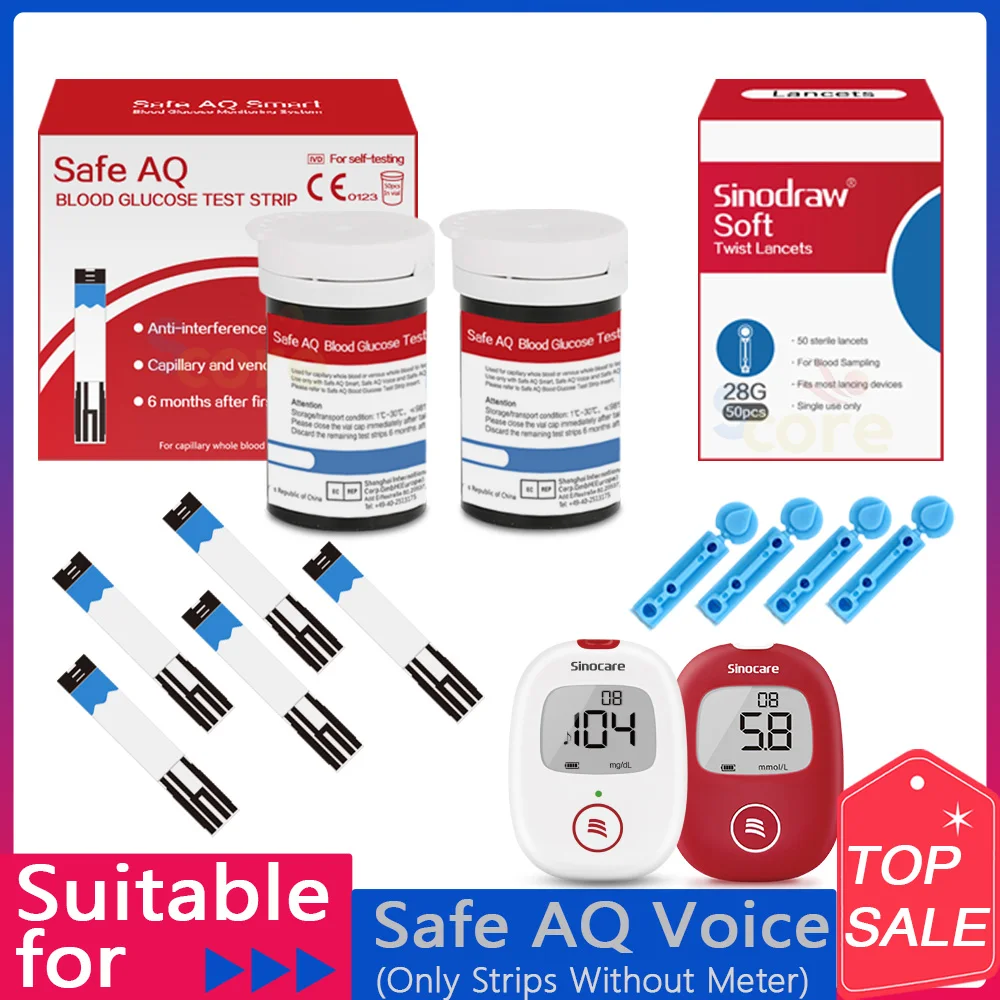 Safe AQ Voice 50/100/200pcs Blood Glucose Test Strips with Lancets Needles of for Diabetic Blood Sugar Detection Glucometer