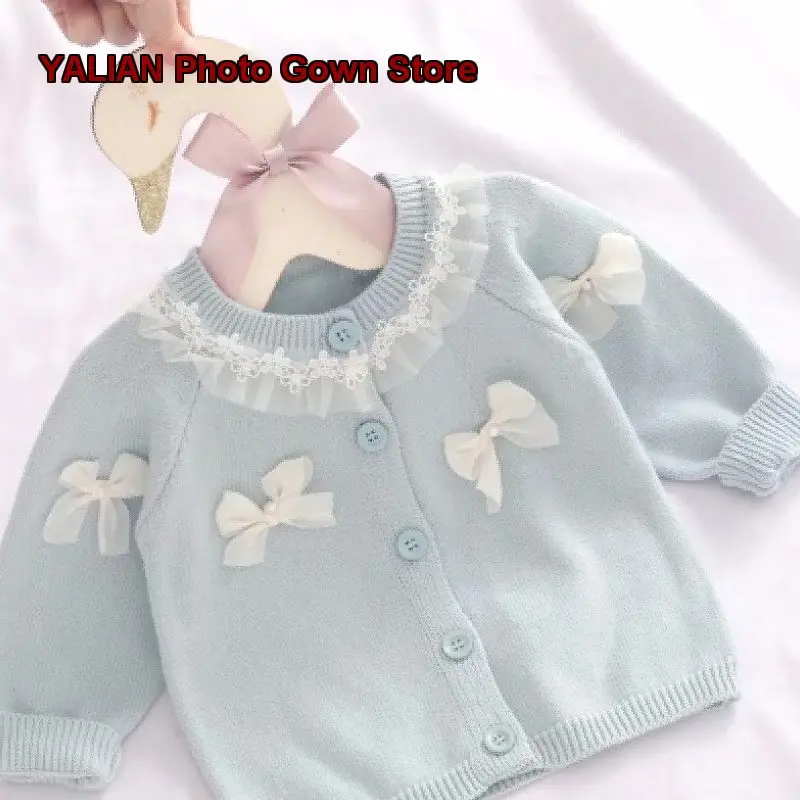 Girls Lace Trimmed Knit Cardigan Baby Spring Hollow Out Crochet Jacket Long Sleeves Kids