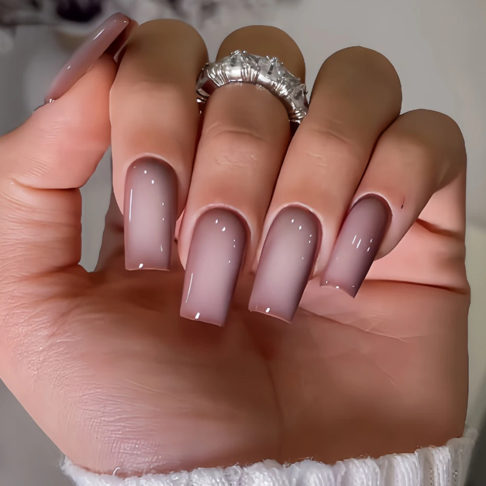 

24 шт. простых и стильных накладных ногтей Y2K с коричневым градиентом и эффектом перелива, с глянцевым покрытием, подходят для женщин для свадеб, свиданий и повседневного ношения, съемный набор накладных ногтей, включает клей для ногтей и пилочку.