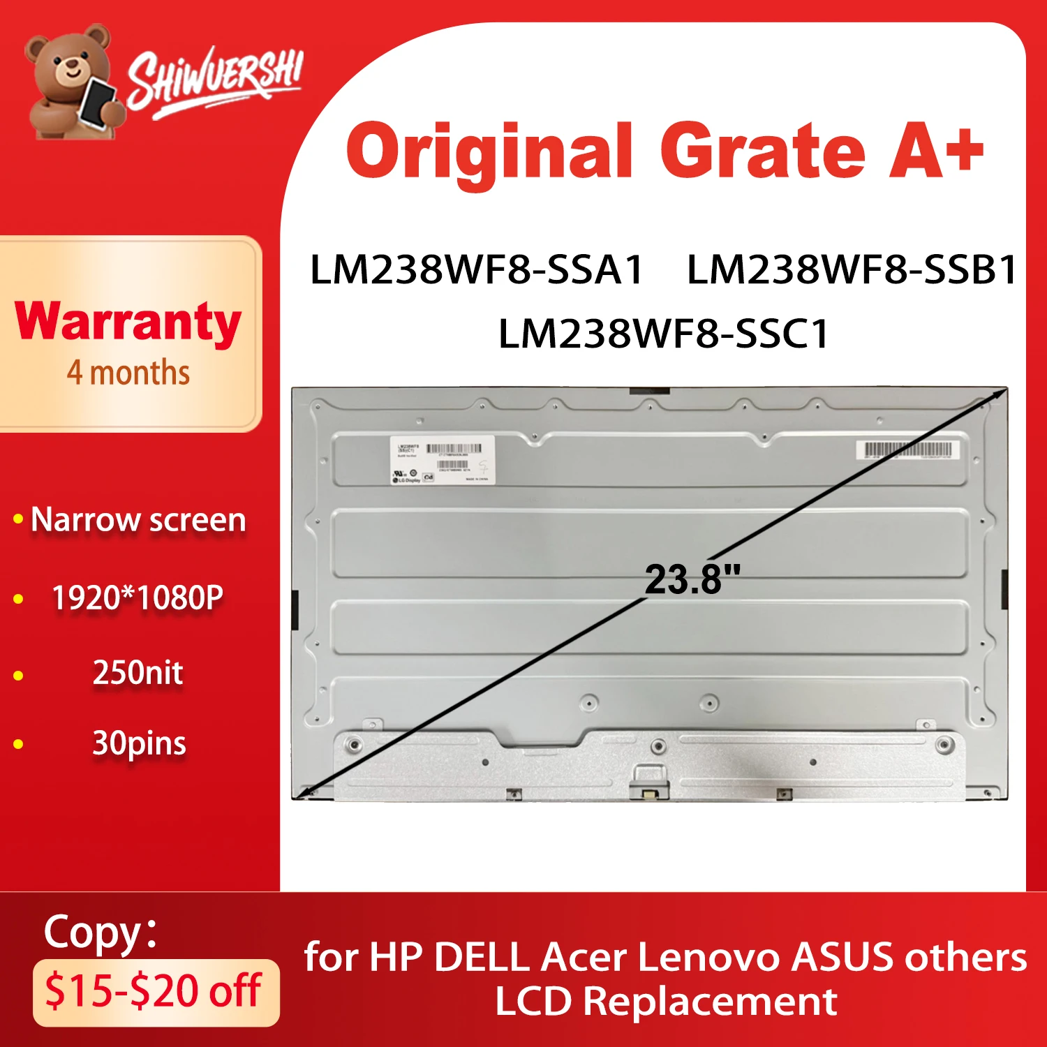 Original LM238WF8 SSA1 LM238WF8 SSB1 LM238WF8 SSC1 23.8-inch IPS 30Pins FHD For HP Acer ASUS Dell Lenovo AIO LCD Screen Display