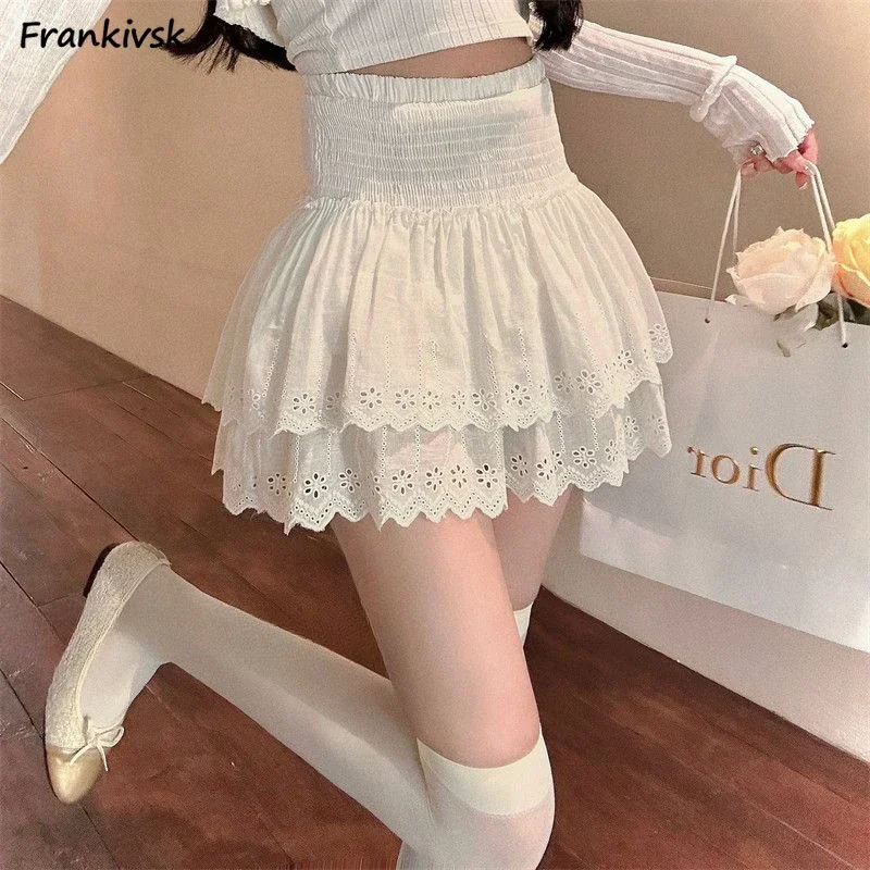 Elastic Waist Skirts Women Ball Gown Above Knee Japanese Style Sweet Summer Lovely Niche Wave Cut Lolita  Solid Elegant