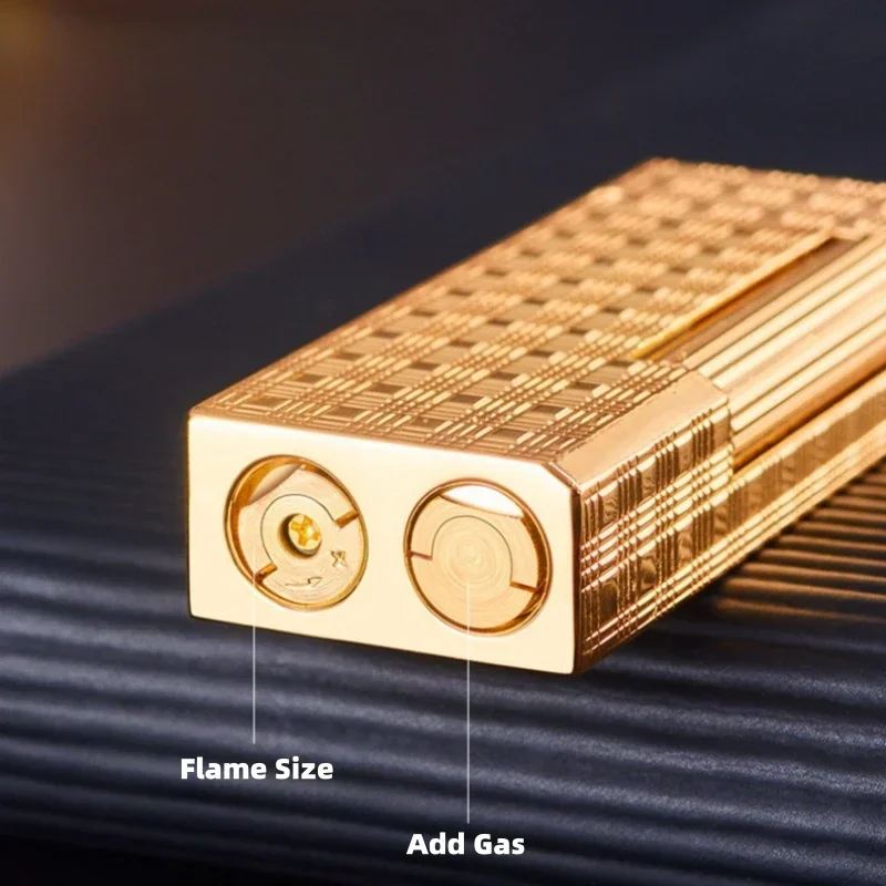 2024 DERUI Metal Retro Mini Oblique Fire Inflatable Lighter Exquisitely Carved Side Pulley Ignite Gas Pipe Lighters Smoking Gift