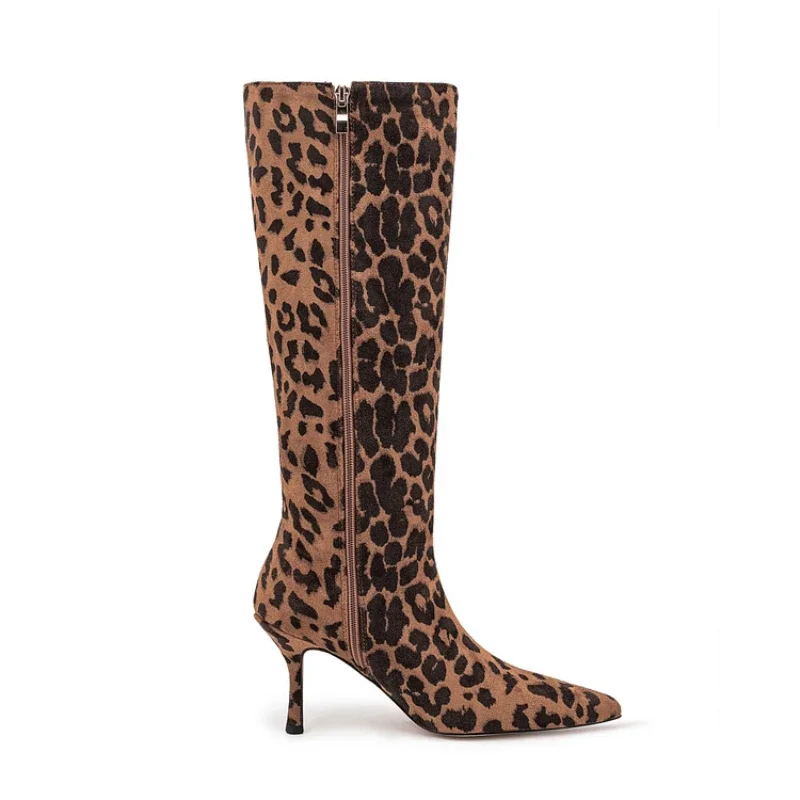 2024 Winter New Fashion Suede Leopard Print Knee Knight Boots for Women Europe and America Zipper High Heels Big Size Shoes 43