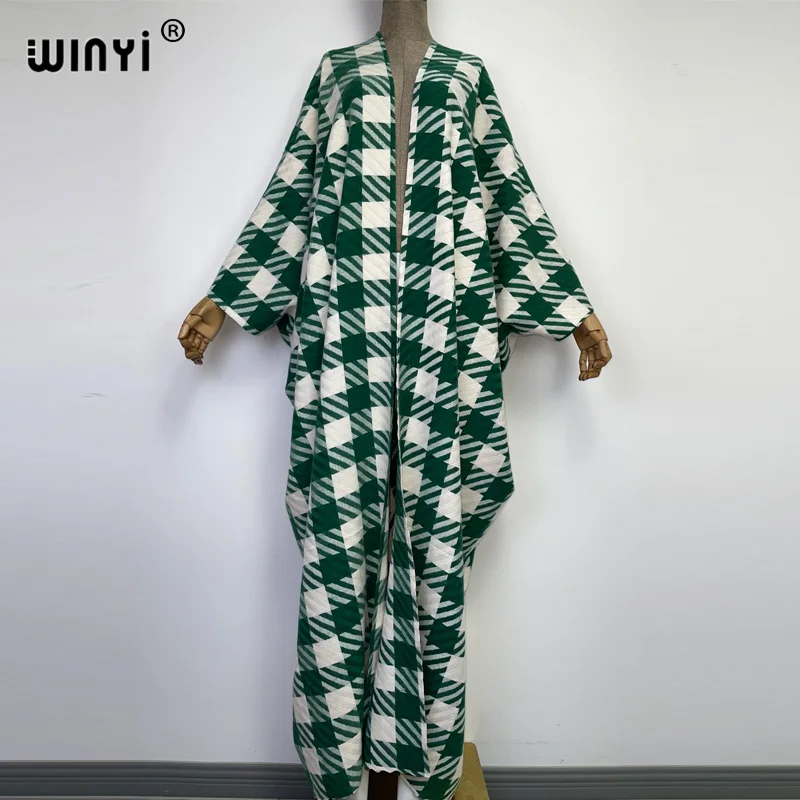 

WINYI new Winter Women High Quality green color print tassels Luxury Long Fur Coat Loose OverCoat Thick Warm Female kaftan