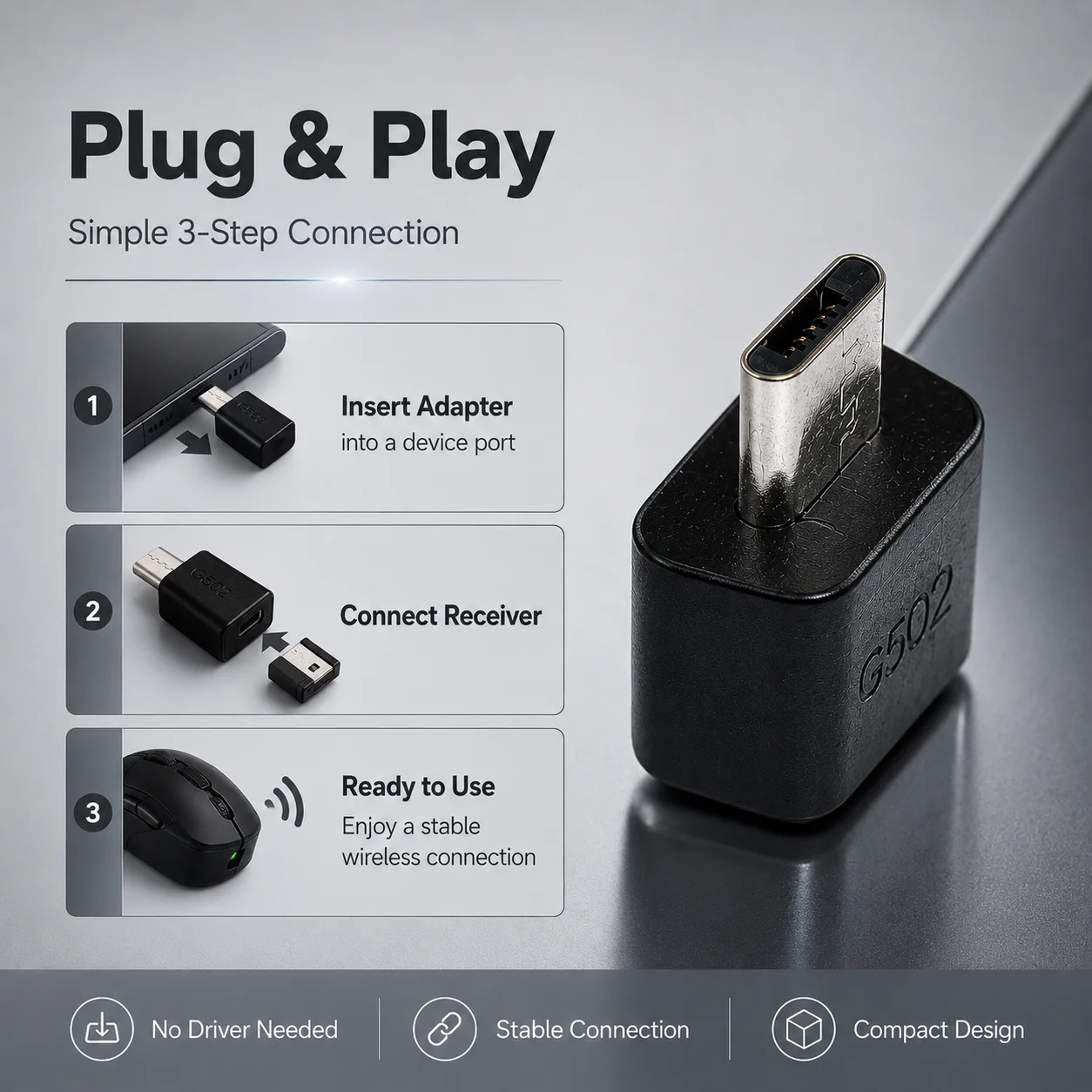 Type-C Adapter for Logitech G502 Wireless Mouse Receiver Micro USB to USB-C Converter Mini Dongle Connector