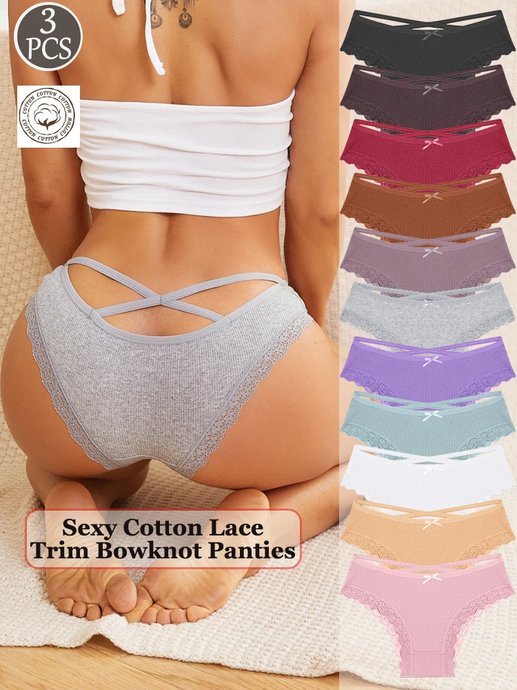 3-teiliges Set Baumwoll-Patchwork-Spitzenhöschen für Damen, sexy, niedrig geschnittene Slips mit Kreuzgurt, einfarbig, atmungsaktiv, Damen-Dessous mit Schleife