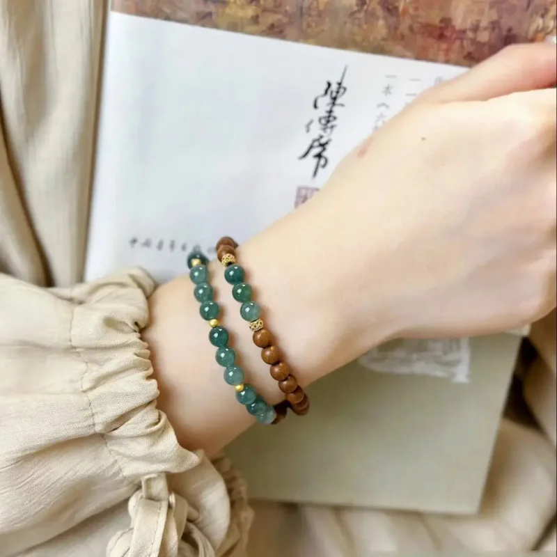 

Emerald Blue Water Old Mountain Sandalwood Hand String Ancient Style High Ice Double Circle Bracelet Handheld Jewelry