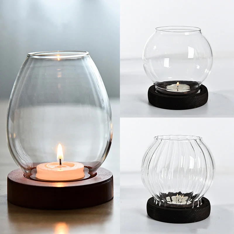 1pc Transparent Candle Holder Candlesticks Windproof Glass Table Decoration Tealight Round Living Room Decorations Ornaments