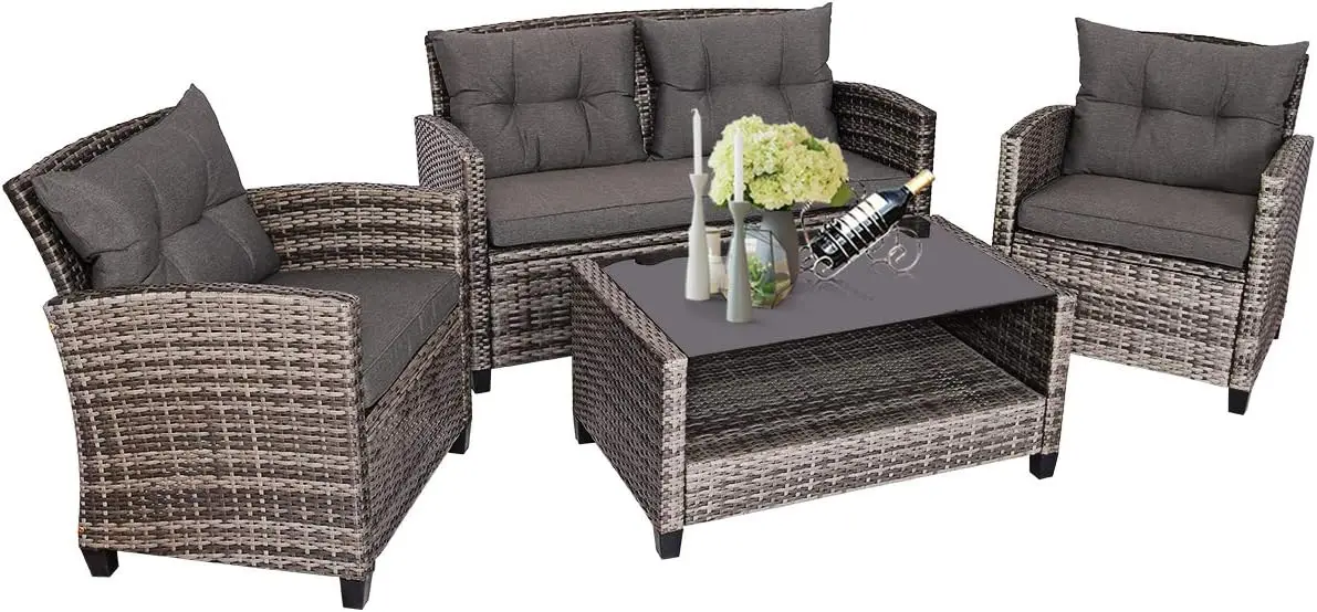 4 PCS Patio Wicker Conversation Furniture Set, Outdoor Rattan Sofa Set with Padded Cushion & Tempered Glass Coffee Table