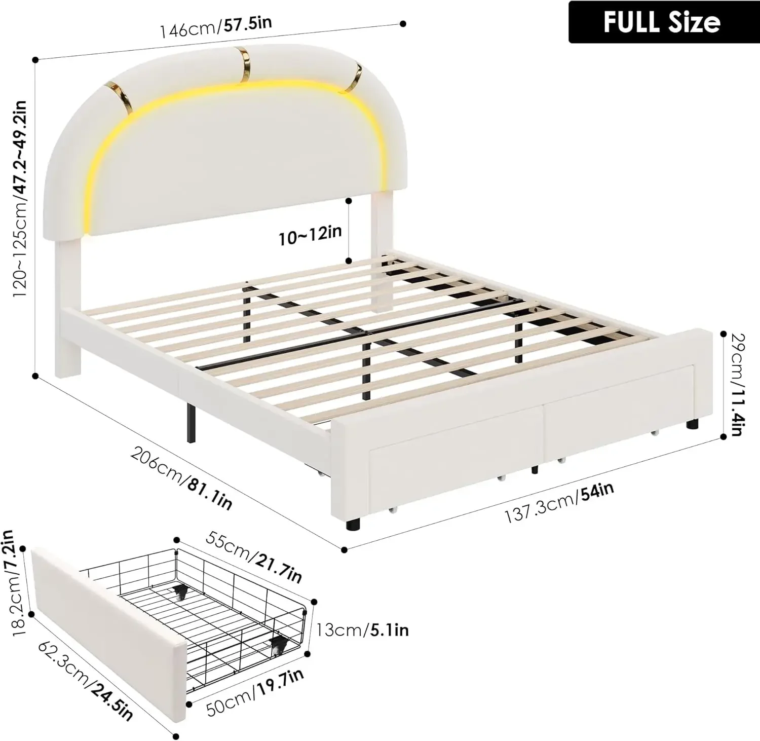 LED Bed Frame with 2 Storage Drawers and Adjustable Semicircle Headboard, Smart Platform Bed Frame for Kids, Golden Trim, Wooden