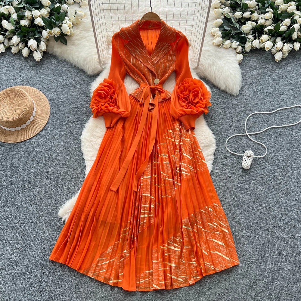 Chique sexy elegante driedimensionale bloemen ruches met lange mouwen A-lijn fee herfst vestidos deel dameskleding