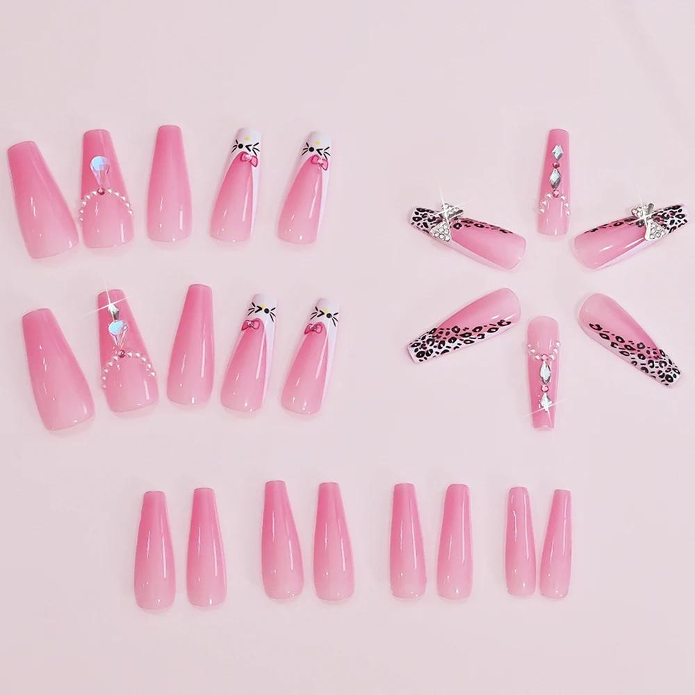 24개입 엑스트라 롱 관 모양 핑크 레오파드 프린트 가짜 손톱 귀여운 고양이 얼굴 리본 프레스온 네일 반짝이는 라인스톤 여성용 인조 손톱