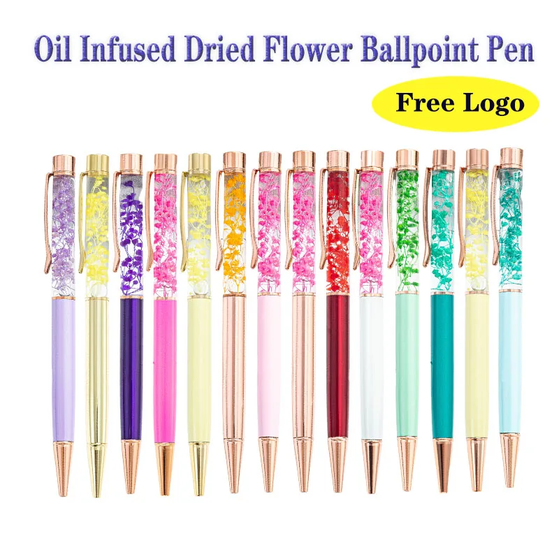 

1 шт., цветной логотип, масло, сушеные цветы, шариковая ручка с принтом логотипа, высококачественные офисные рекламные канцелярские принадлежности, металлические цилиндрические ручки.