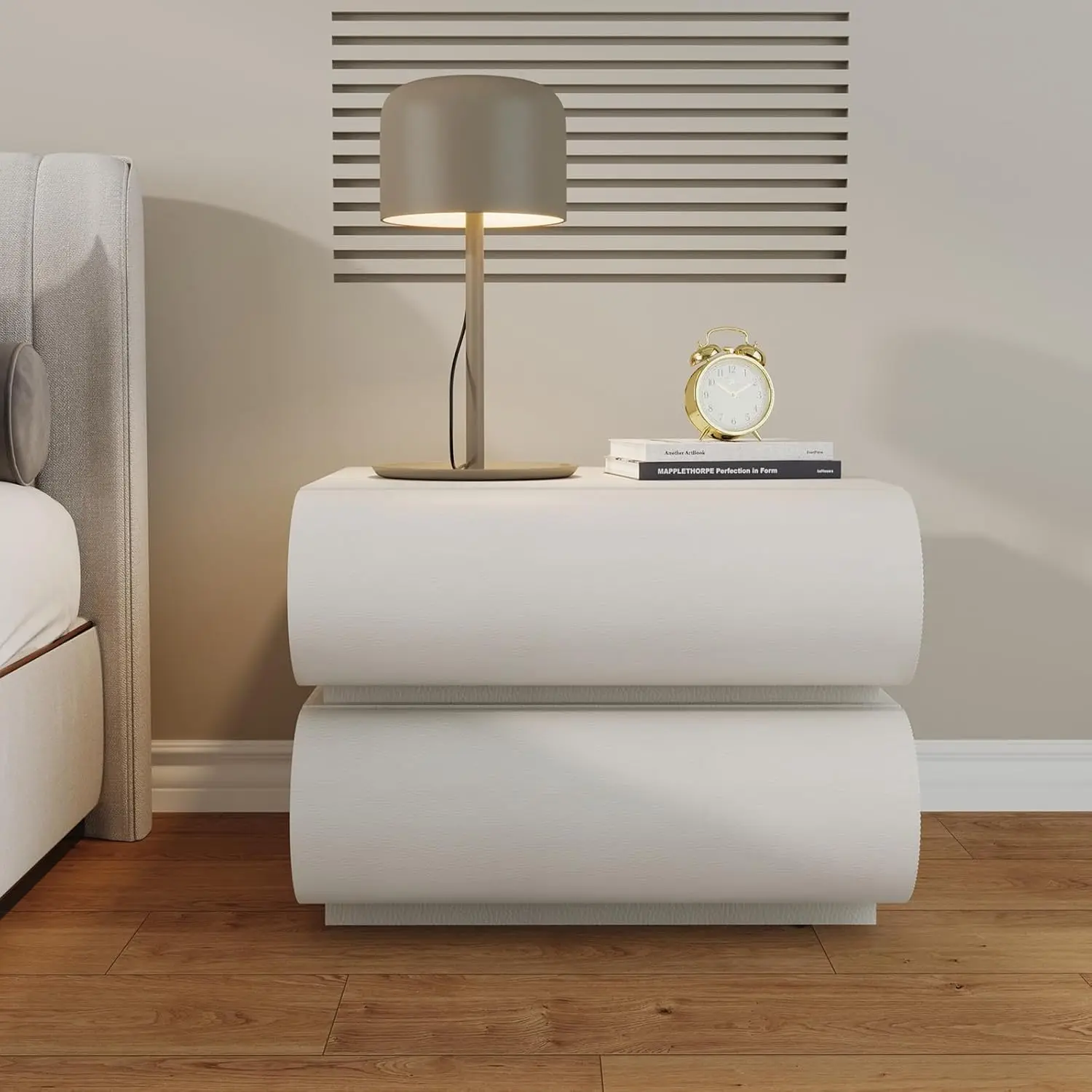 

Nightstand, Minimalist Bedside Table with 2 Solid Wood Drawer, Night Stands with Microfiber Leather, End Table for Bedroom-White
