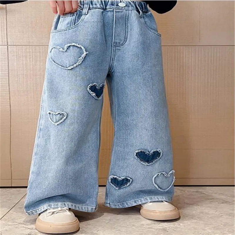 Jeans Girl Heart Pattern Girl Jeans Child Spring Autumn Children Jeans For Boys Casual Style Kids Clothing 6 8 10 12 14