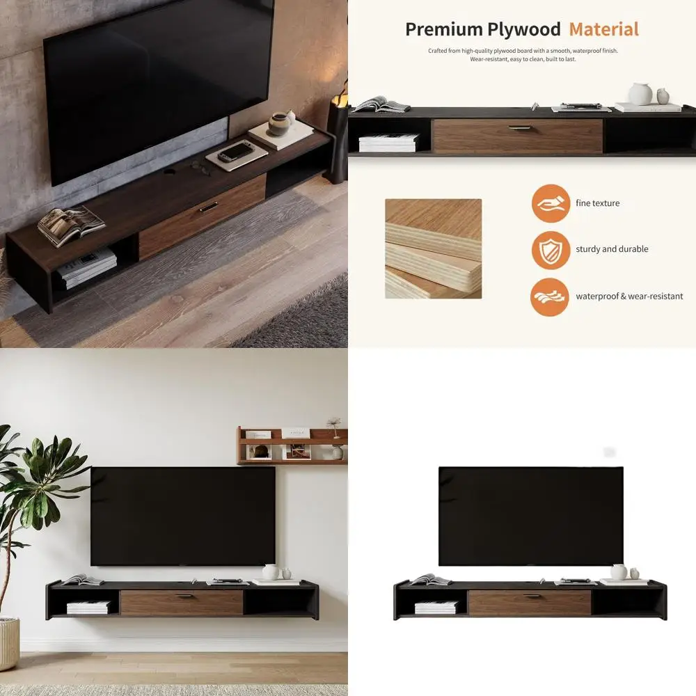 Modern 55 Wall-Mounted TV Stand for 40-75 Inch TVs, Walnut Entertainment Center with Storage