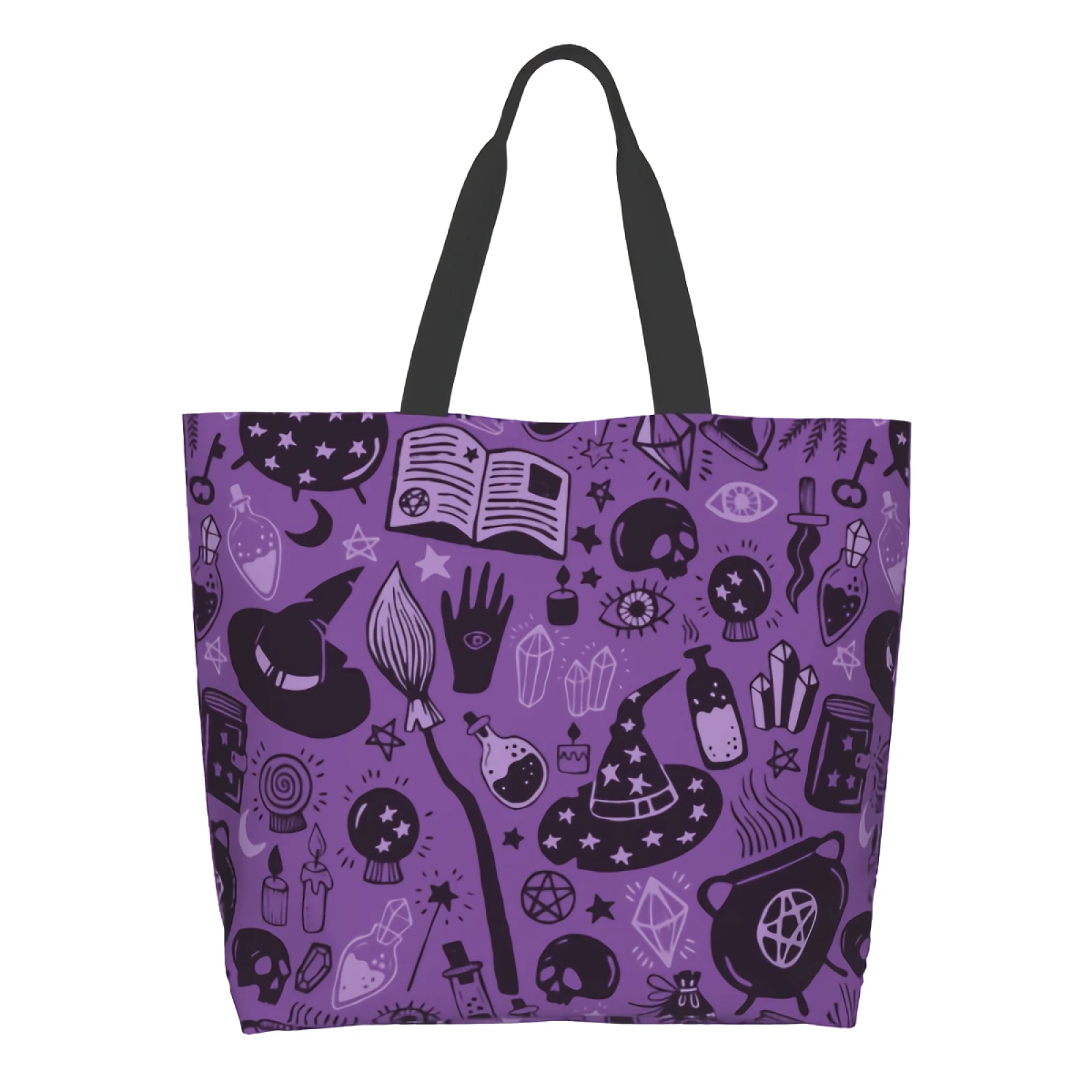 Halloween Shopping Bag Reusable Witches Tote Bag Purple Shoulder Bag Casual Lightweight Large Capacity