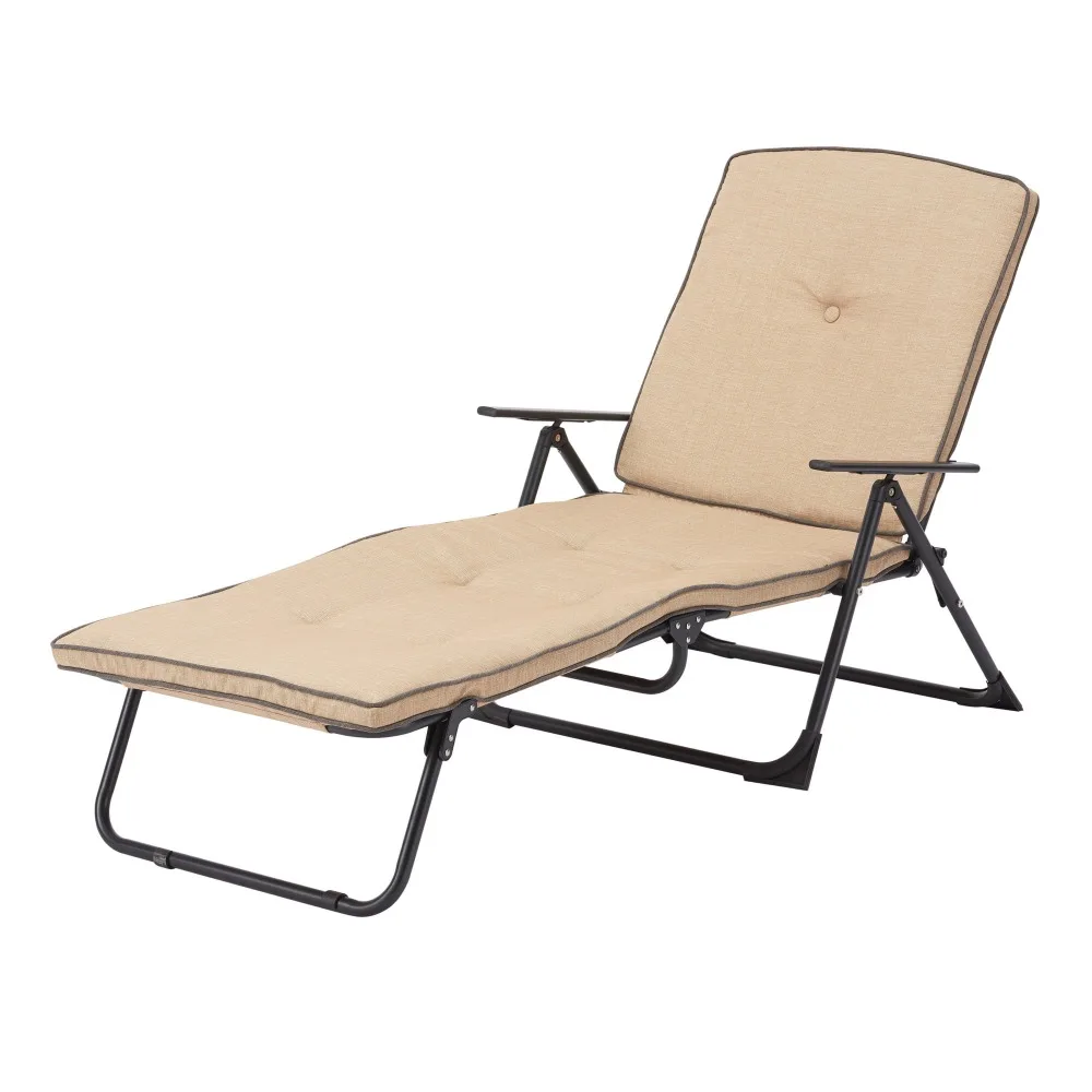 2023 New Mainstays Sand Dune Foldable Steel Outdoor Chaise Lounge, Beige/Black