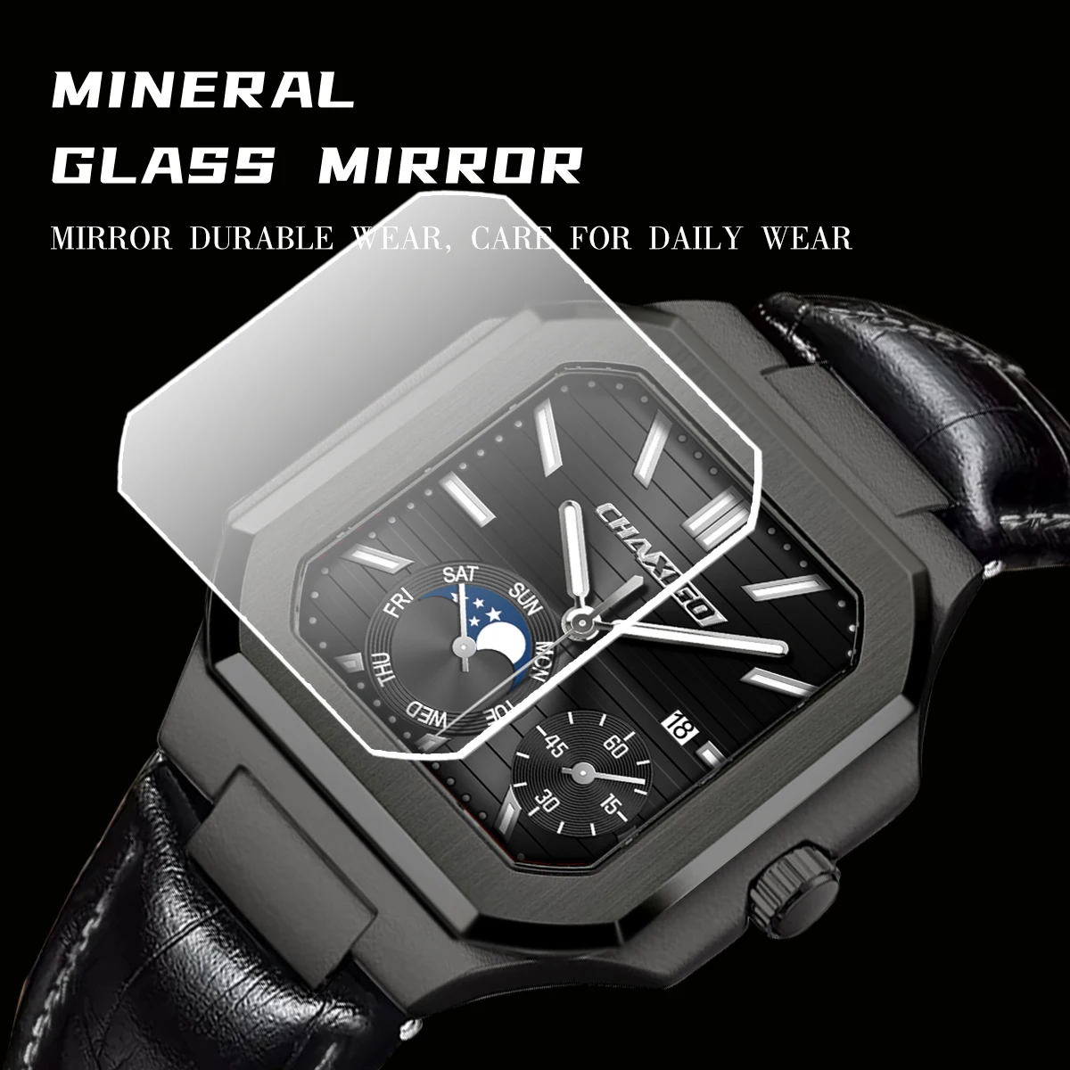 ساعة CHAXIGO للرجال فاخرة بمينا مربع وحزام جلدي 41.5 ملم 3ATM مقاومة للماء كوارتز للأعمال