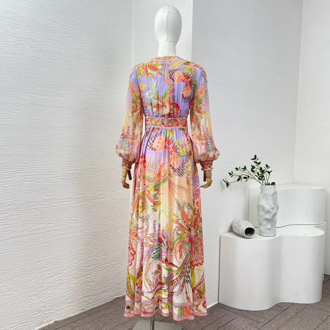 2024 Spring Floral Print Long Sleeve Diamonds Silk Ankle Dress