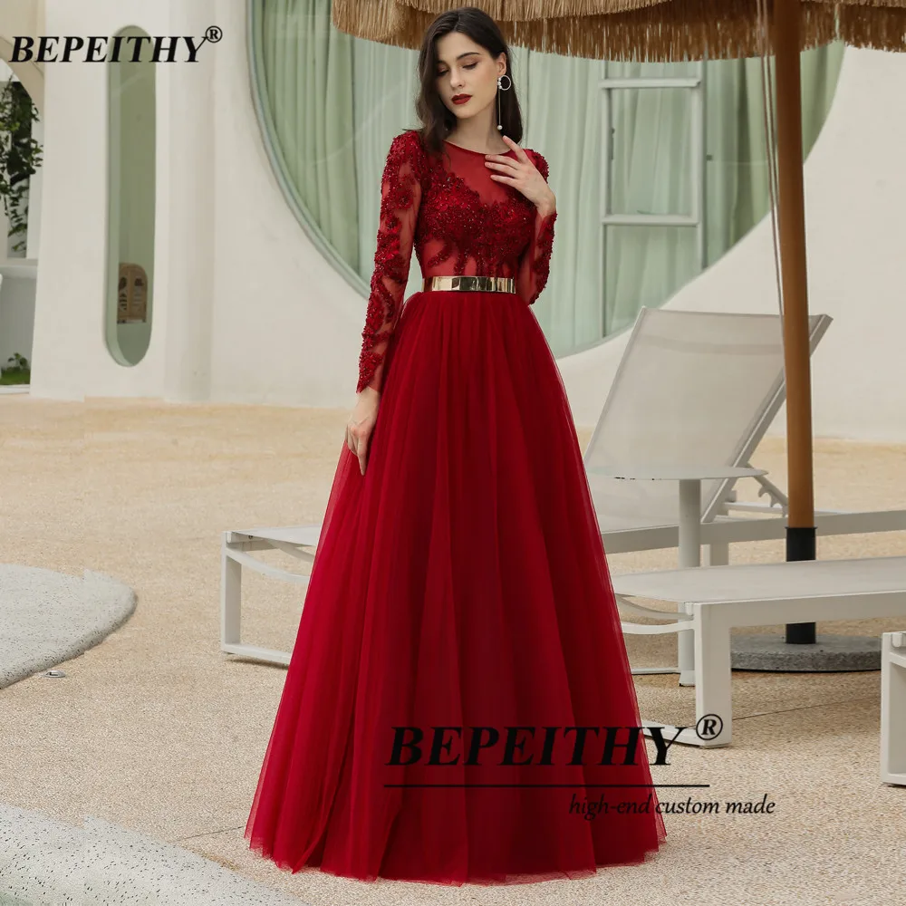 BEPEITHY Burgundy Chữ A Phối Ren Dạ HộI Dự TiệC Cưới Nữ Plus Kích Thước Tay Dài Dạ Hội Áo Chính Thức Sang Trọng Với Dây