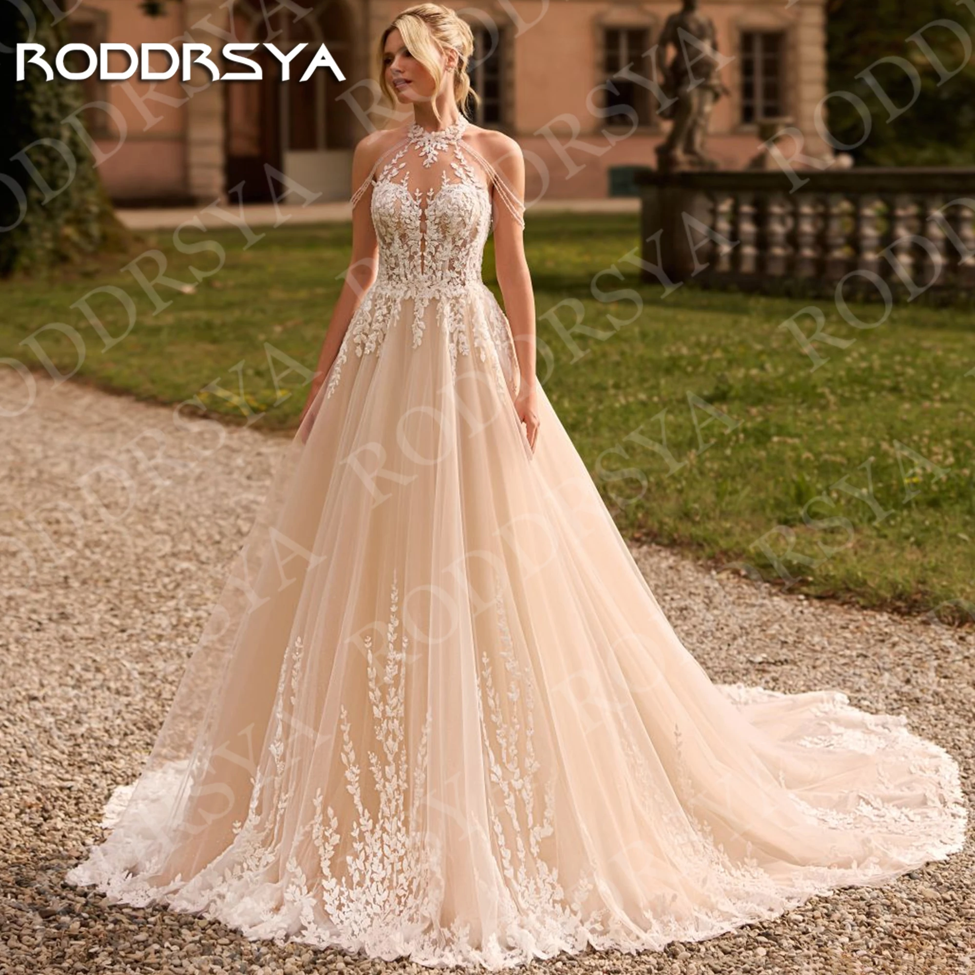 

RODDRSYA Wedding Dresses Halter Lace Appliques Bridal Vintage Boho A Line Tulle Bride Dress Open Back Customized Robe De Mariage