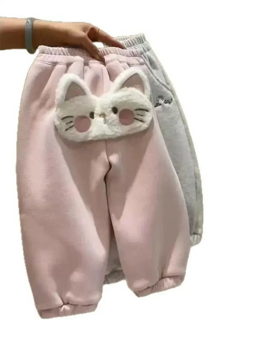 Pantaloni Foderati in Pile per Ragazze, Autunno Inverno, Alla Moda con Cartoni Animati, Pantaloni Caldi con Risvolto, Pantaloni Sportivi Foderati in Pile per Ragazze