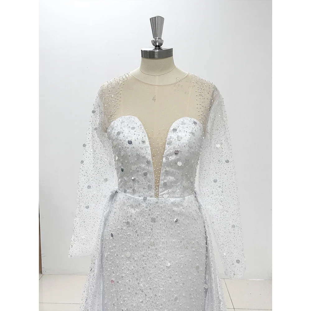 Gorgeous White Wedding Dresses for Elegant Women Elegant Women O-Neck Long Sleeve Detachable Train Gowns Bridal Dress 2024